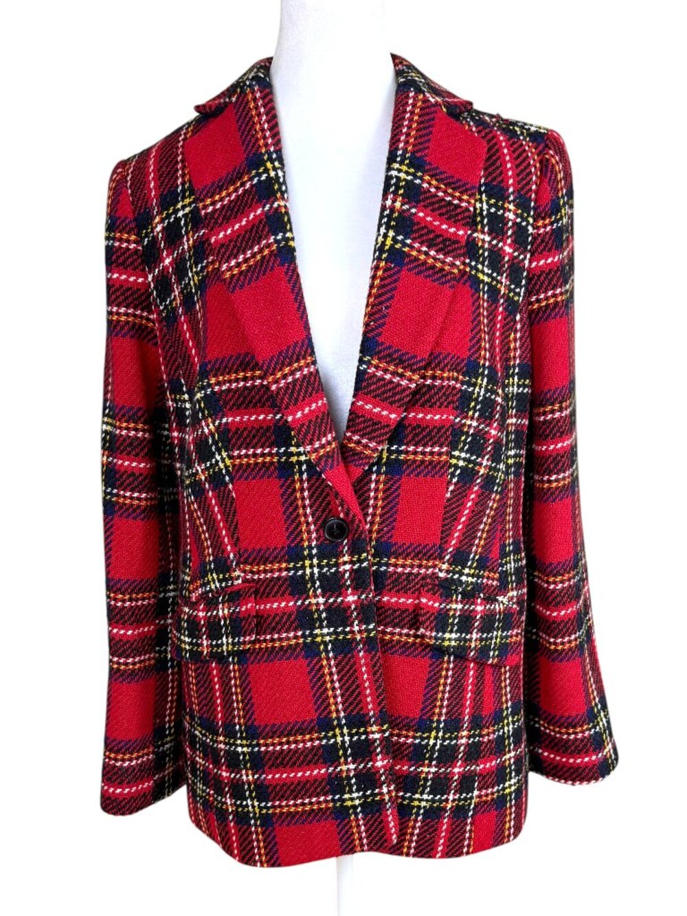 Talbots Blazer Wool Blend Red Navy Tartan Plaid Single Button Classic (8)